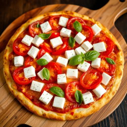 A mouth-watering pizza topped with juicy, fresh tomatoes and soft, creamy paneer cubes, layered generously with rich, melted mozzarella cheese