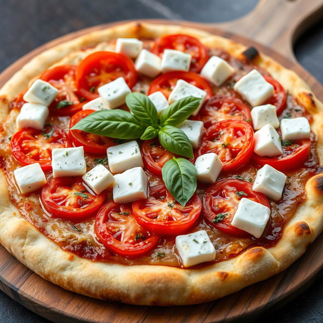 A mouth-watering pizza topped with juicy, fresh tomatoes and soft, creamy paneer cubes, layered generously with rich, melted mozzarella cheese