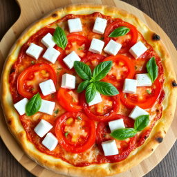 A mouth-watering pizza topped with juicy, fresh tomatoes and soft, creamy paneer cubes, layered generously with rich, melted mozzarella cheese