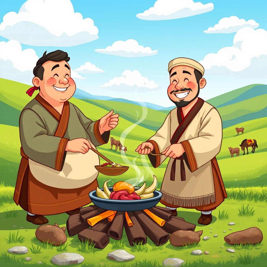 An animation style illustration featuring two Mongolian men cooking together in a beautiful natural setting
