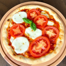 A classic pizza featuring juicy, ripe tomatoes paired with creamy, melted mozzarella cheese atop a soft, pillowy crust
