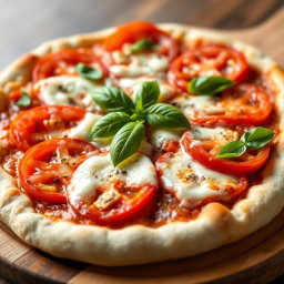 A classic pizza featuring juicy, ripe tomatoes paired with creamy, melted mozzarella cheese atop a soft, pillowy crust