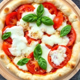 A classic pizza featuring juicy, ripe tomatoes paired with creamy, melted mozzarella cheese atop a soft, pillowy crust