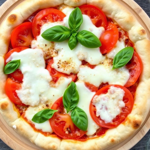 A classic pizza featuring juicy, ripe tomatoes paired with creamy, melted mozzarella cheese atop a soft, pillowy crust