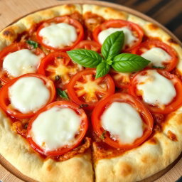 A classic pizza featuring juicy, ripe tomatoes paired with creamy, melted mozzarella cheese atop a soft, pillowy crust