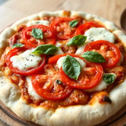 A classic pizza featuring juicy, ripe tomatoes layered with creamy, melted mozzarella cheese on a soft, pillowy crust