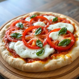 A classic pizza featuring juicy, ripe tomatoes layered with creamy, melted mozzarella cheese on a soft, pillowy crust