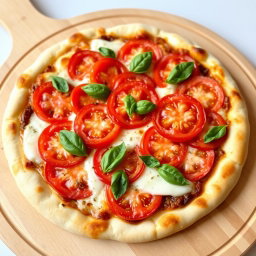 A classic pizza featuring juicy, ripe tomatoes layered with creamy, melted mozzarella cheese on a soft, pillowy crust