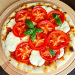 A classic pizza featuring juicy, ripe tomatoes layered with creamy, melted mozzarella cheese on a soft, pillowy crust