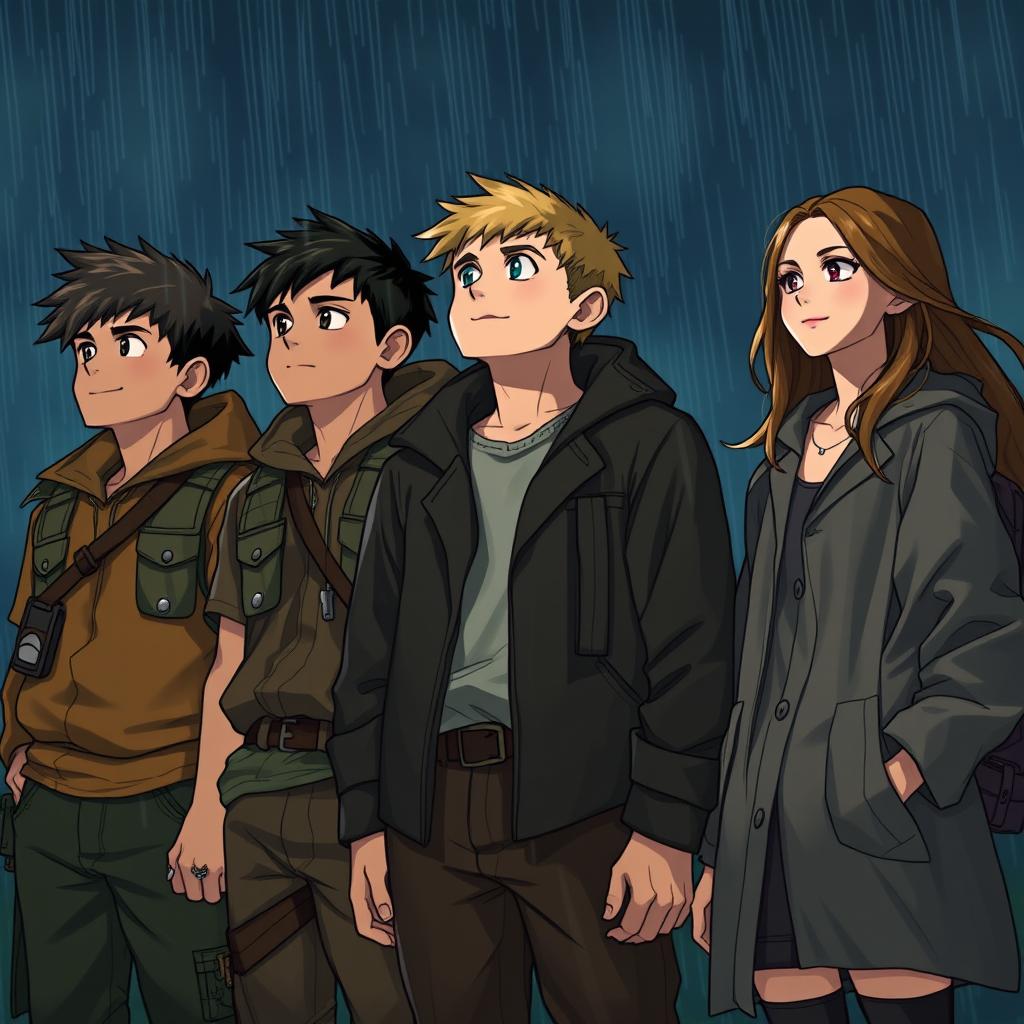 A nighttime scene featuring three sturdy boys, each 180 cm tall, standing together with confident expressions, gazing at something in the distance