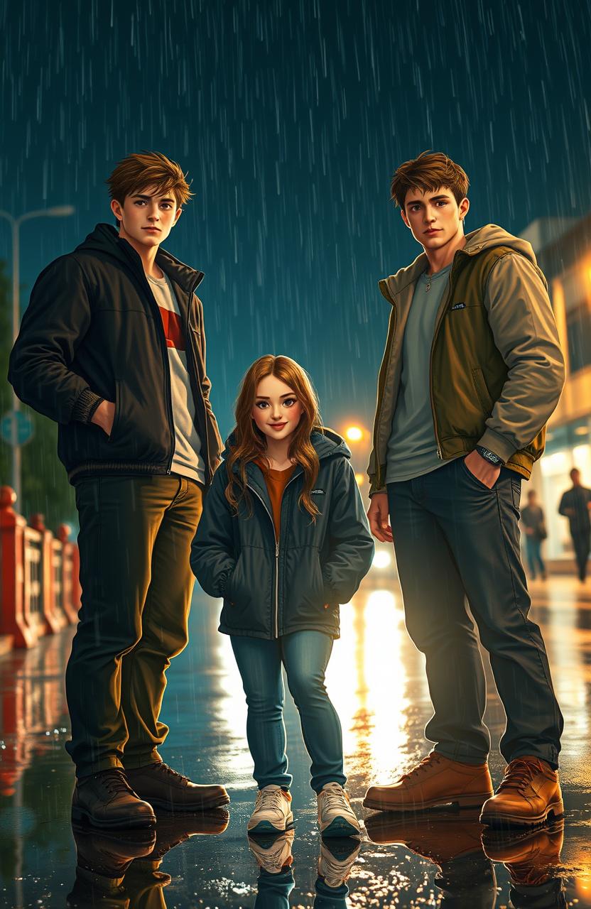 A captivating scene set under a night rain, showcasing three sturdy teenage boys, each 180 cm tall, exuding confidence and camaraderie