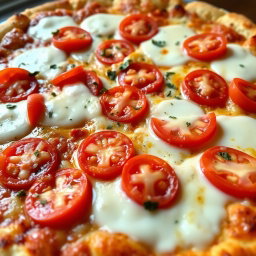 A delicious, cheesy pizza featuring juicy, ripe tomatoes sliced and generously scattered on top, melting mozzarella cheese oozing over a fluffy, soft crust