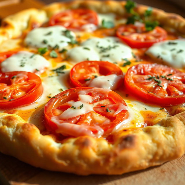 A delicious, cheesy pizza featuring juicy, ripe tomatoes sliced and generously scattered on top, melting mozzarella cheese oozing over a fluffy, soft crust