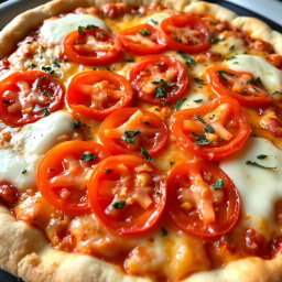 A delicious, cheesy pizza featuring juicy, ripe tomatoes sliced and generously scattered on top, melting mozzarella cheese oozing over a fluffy, soft crust