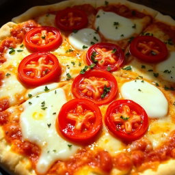 A delicious, cheesy pizza featuring juicy, ripe tomatoes sliced and generously scattered on top, melting mozzarella cheese oozing over a fluffy, soft crust