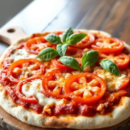 A mouthwatering pizza showcasing juicy, ripe tomatoes sliced perfectly and combined with rich, melted mozzarella cheese, all resting on a soft, golden-brown crust