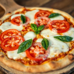 A mouthwatering pizza showcasing juicy, ripe tomatoes sliced perfectly and combined with rich, melted mozzarella cheese, all resting on a soft, golden-brown crust