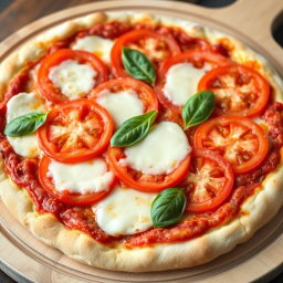 A mouthwatering pizza showcasing juicy, ripe tomatoes sliced perfectly and combined with rich, melted mozzarella cheese, all resting on a soft, golden-brown crust