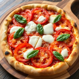 A mouthwatering pizza showcasing juicy, ripe tomatoes sliced perfectly and combined with rich, melted mozzarella cheese, all resting on a soft, golden-brown crust