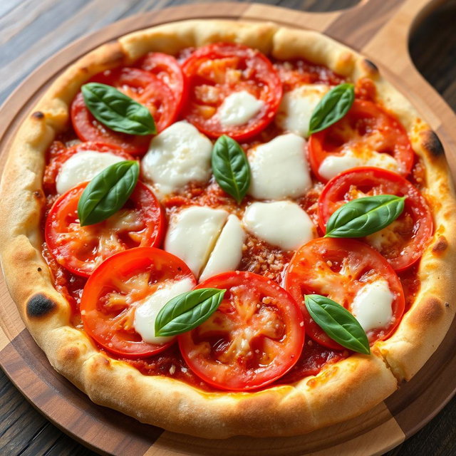 A mouthwatering pizza showcasing juicy, ripe tomatoes sliced perfectly and combined with rich, melted mozzarella cheese, all resting on a soft, golden-brown crust