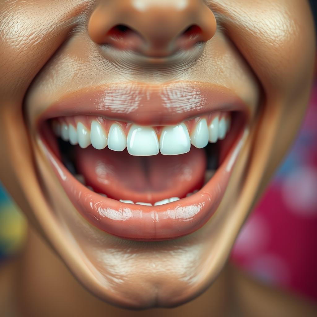 A close-up of an open mouth showcasing a delighted expression, with shiny white teeth and a soft pink tongue