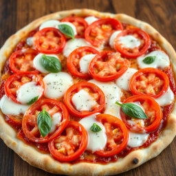 An appetizing pizza featuring succulent, juicy tomatoes, perfectly sliced and arranged, paired with gooey mozzarella cheese melted over a soft, golden crust