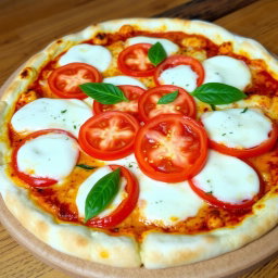 An appetizing pizza featuring succulent, juicy tomatoes, perfectly sliced and arranged, paired with gooey mozzarella cheese melted over a soft, golden crust