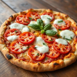 An appetizing pizza featuring succulent, juicy tomatoes, perfectly sliced and arranged, paired with gooey mozzarella cheese melted over a soft, golden crust