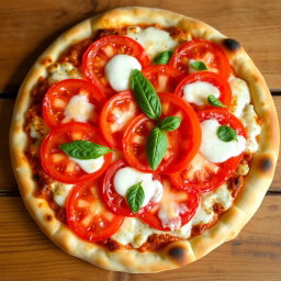 An appetizing pizza featuring succulent, juicy tomatoes, perfectly sliced and arranged, paired with gooey mozzarella cheese melted over a soft, golden crust