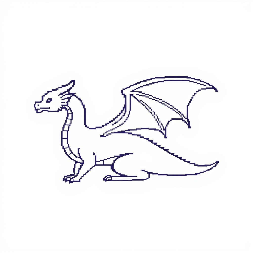 A realistic simple outline of a dragon depicted in pixel art style