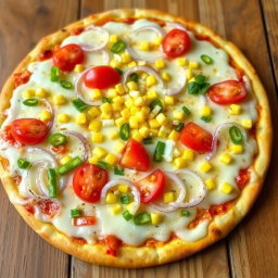 A vibrant and colorful pizza featuring a refreshing combination of crunchy onions, juicy tomatoes, and sweet corn, all generously layered beneath a gooey, melted mozzarella cheese