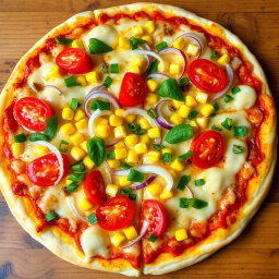 A vibrant and colorful pizza featuring a refreshing combination of crunchy onions, juicy tomatoes, and sweet corn, all generously layered beneath a gooey, melted mozzarella cheese