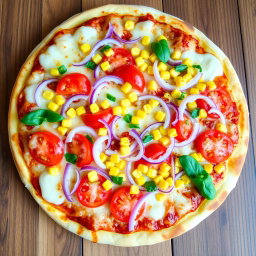 A vibrant and colorful pizza featuring a refreshing combination of crunchy onions, juicy tomatoes, and sweet corn, all generously layered beneath a gooey, melted mozzarella cheese