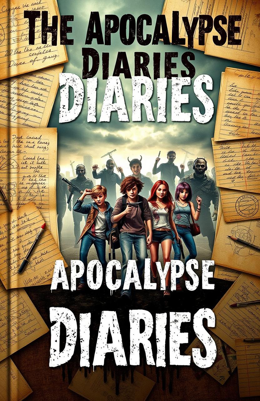 A gripping book cover design for a novel titled 'The Apocalypse Diaries'
