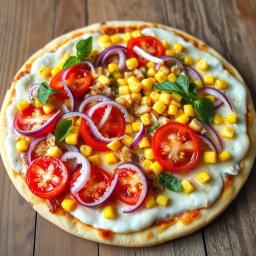 A delicious and vibrant pizza featuring a refreshing combination of crunchy onions, succulent juicy tomatoes, and sweet golden corn, all generously layered beneath a thick, gooey layer of melted mozzarella cheese