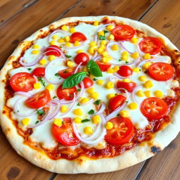 A delicious and vibrant pizza featuring a refreshing combination of crunchy onions, succulent juicy tomatoes, and sweet golden corn, all generously layered beneath a thick, gooey layer of melted mozzarella cheese