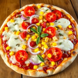 A delicious and vibrant pizza featuring a refreshing combination of crunchy onions, succulent juicy tomatoes, and sweet golden corn, all generously layered beneath a thick, gooey layer of melted mozzarella cheese