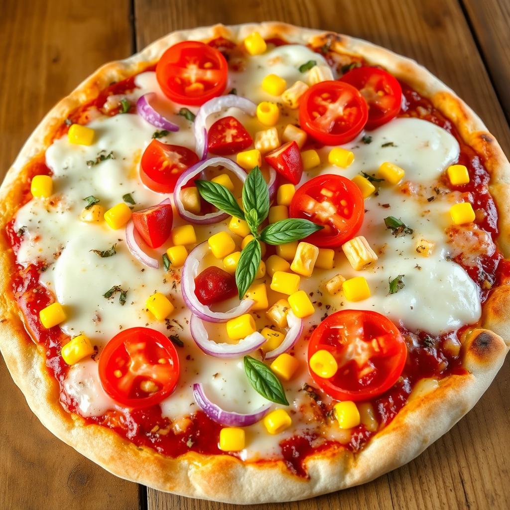 A delicious and vibrant pizza featuring a refreshing combination of crunchy onions, succulent juicy tomatoes, and sweet golden corn, all generously layered beneath a thick, gooey layer of melted mozzarella cheese