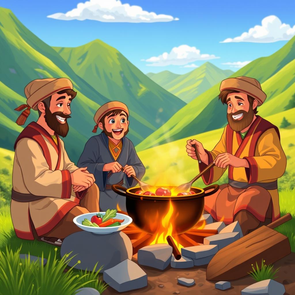 A vibrant animated scene depicting Mongolian men cooking traditional food in a beautiful natural setting