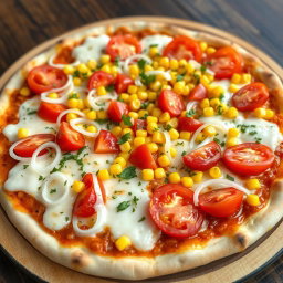 A delectable pizza showcasing a refreshing medley of crunchy onions, ripe juicy tomatoes, and sweet golden corn, all generously layered under a rich, gooey mozzarella cheese