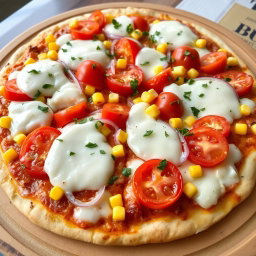 A delectable pizza showcasing a refreshing medley of crunchy onions, ripe juicy tomatoes, and sweet golden corn, all generously layered under a rich, gooey mozzarella cheese