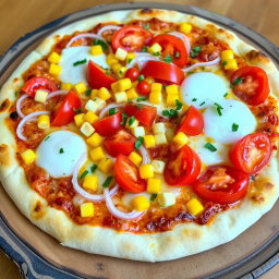A delectable pizza showcasing a refreshing medley of crunchy onions, ripe juicy tomatoes, and sweet golden corn, all generously layered under a rich, gooey mozzarella cheese