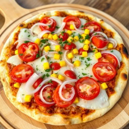 A delectable pizza showcasing a refreshing medley of crunchy onions, ripe juicy tomatoes, and sweet golden corn, all generously layered under a rich, gooey mozzarella cheese