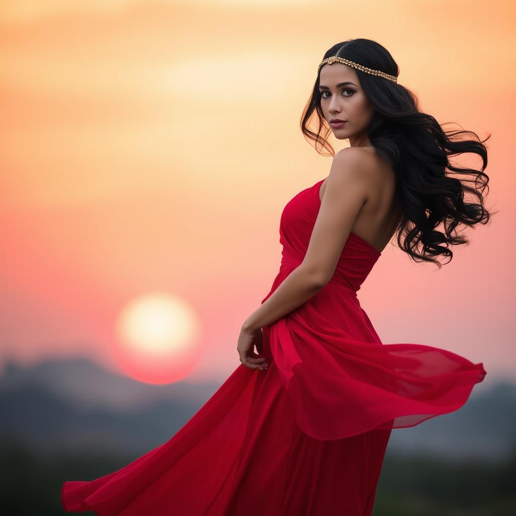 A solo female figure standing elegantly on the right side of the frame, wearing a flowing red dress that billows gently in the breeze