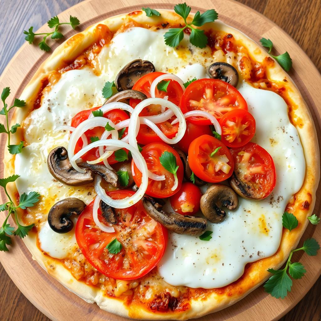 A mouthwatering pizza beautifully topped with fresh, crunchy onions, ripe and juicy tomatoes, and tender mushrooms, all delicately layered under a generous blanket of gooey mozzarella cheese