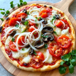 A mouthwatering pizza beautifully topped with fresh, crunchy onions, ripe and juicy tomatoes, and tender mushrooms, all delicately layered under a generous blanket of gooey mozzarella cheese
