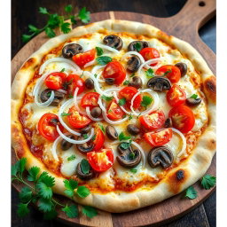 A mouthwatering pizza beautifully topped with fresh, crunchy onions, ripe and juicy tomatoes, and tender mushrooms, all delicately layered under a generous blanket of gooey mozzarella cheese