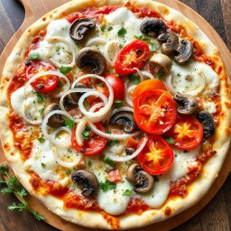 A mouthwatering pizza beautifully topped with fresh, crunchy onions, ripe and juicy tomatoes, and tender mushrooms, all delicately layered under a generous blanket of gooey mozzarella cheese