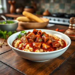 A mouthwatering dish of Rindsgulasch (beef goulash) served with fluffy brown rice on a rustic wooden table, drizzled with rich, flavorful gravy