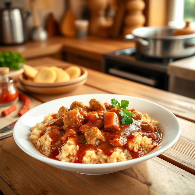 A mouthwatering dish of Rindsgulasch (beef goulash) served with fluffy brown rice on a rustic wooden table, drizzled with rich, flavorful gravy